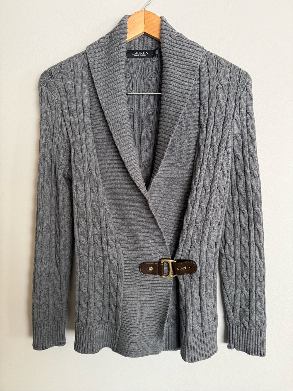 Lauren Ralph Lauren Women’s M Gray Cable-Knit Shawl Collar Cardigan with Buckle